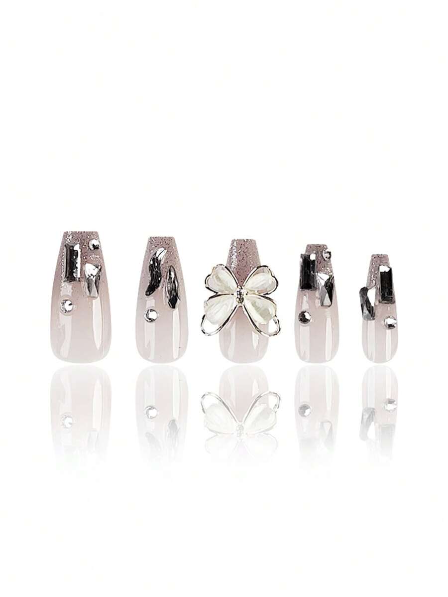 24pcs Y2k Style Pink Gradient Glitter Butterfly Shaped Nail Art Set