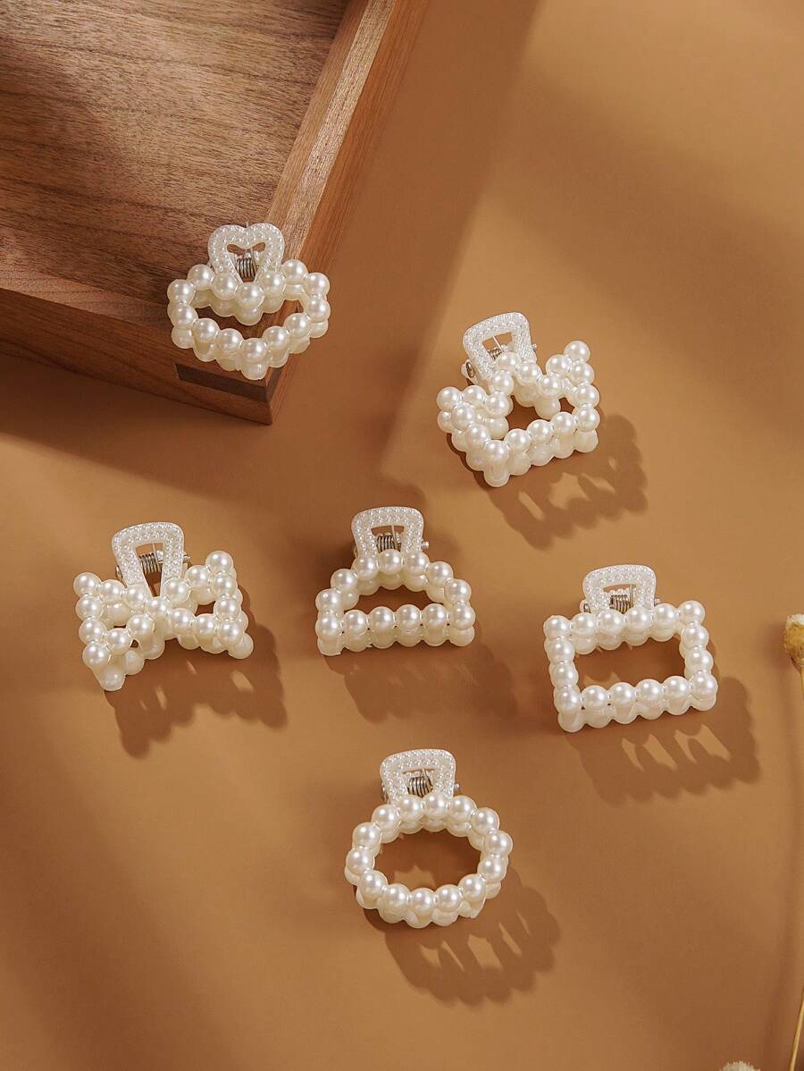 6个几何造型仿珍珠迷你爪形发夹，优雅时尚仿珍珠抓夹，刘海发夹，情人节发饰，发卡，发夹，发爪夹，学生用品，大学用品，珍珠发饰，秋冬季度假装扮爪夹，女士情人节礼物，夏季海滩装扮 - 白色 - 查看 1