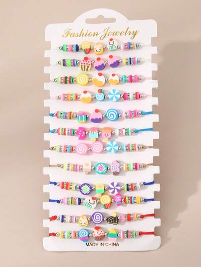 12 piezas Pulsera trenzada de cerámica suave y colorida con dibujos animados para niñas, surtido aleatorio