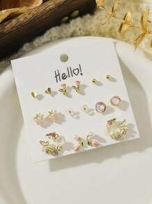 8pairs/Set Zinc Alloy Gold-Plated Butterfly & Flower & Heart Shaped Stud Earrings, Cute And Suitable For Women's Daily Wear Valentines