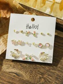 8pairs/Set Zinc Alloy Gold-Plated Butterfly & Flower & Heart Shaped Stud Earrings, Cute And Suitable For Women's Daily Wear Valentines