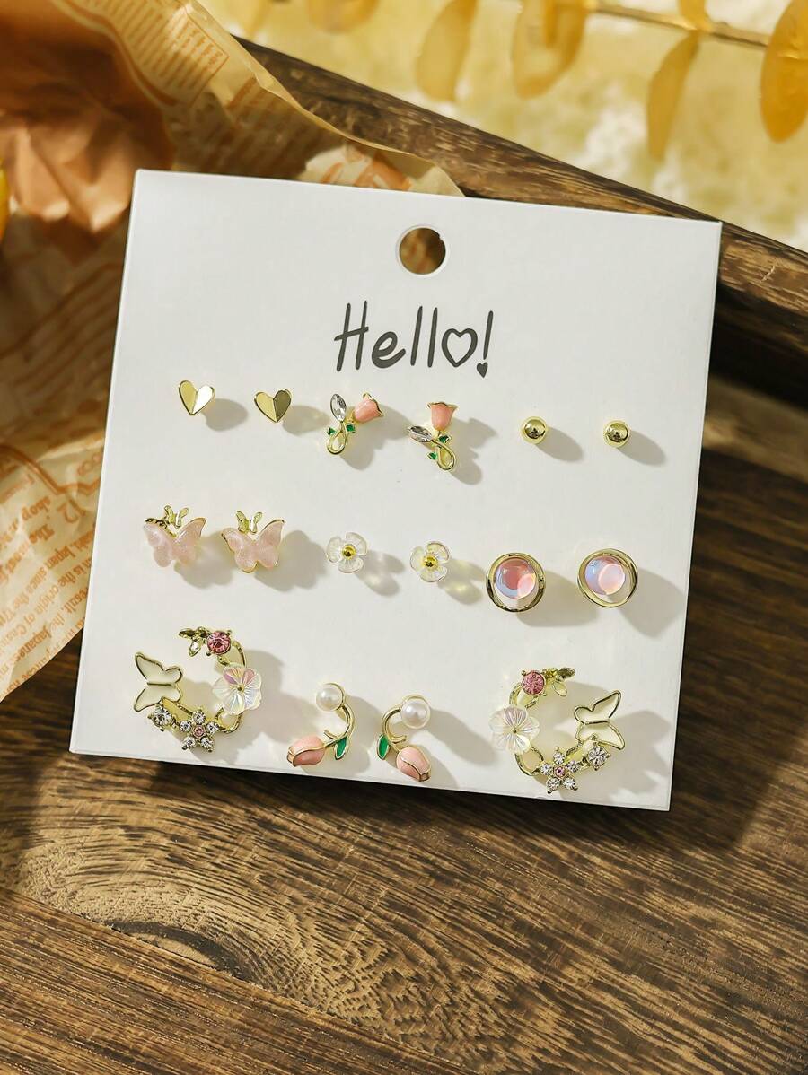 8pairs/Set Zinc Alloy Gold-Plated Butterfly & Flower & Heart Shaped Stud Earrings, Cute And Suitable For Women's Daily Wear Valentines