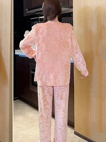 荷邊絨面長袖長褲睡衣套裝,2件裝適用於秋冬季節 - 粉色 - 查看 6