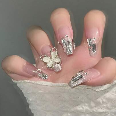 24 chiếc móng tay giả đính đá lấp lánh hình bướm 3D thời trang Y2K, móng tay giả dài thanh lịch, phù hợp cho ngày lễ, tiệc tùng, hẹn hò, sử dụng hàng ngày, phụ kiện làm móng