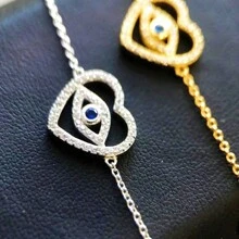 土耳其藍色眼睛魔鬼之眼手鐲,藍色邪惡之眼心形手鐲配鑽石,女性手鐲