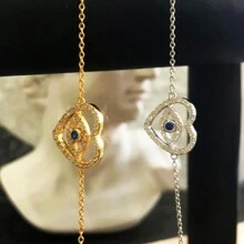 土耳其藍色眼睛魔鬼之眼手鐲,藍色邪惡之眼心形手鐲配鑽石,女性手鐲