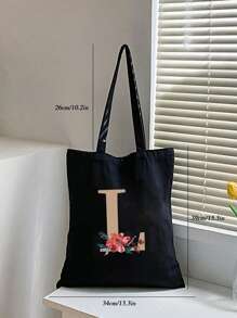 1 Túi tote vải canvas thời trang màu đen có chữ L và họa tiết hoa dành cho nữ, Túi xách mua sắm di động ngoài trời, Túi tote tối giản, thường ngày, dung tích lớn dành cho bé gái, dành cho phụ nữ, dành cho sinh viên đại học, Túi quà tặng, Mua sắm, Kỳ nghỉ, Bãi biển - màu đen - Xem 5