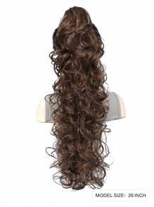 26英寸自然長身波浪馬尾辮合成纖維耐高溫夾子捲曲波浪馬尾假髮，裝飾女性用金棕色巧克力黑白多色韓式辮子馬尾，適用於日常假日角色扮演派對和新年禮物 - 巧克力棕 - 查看 3