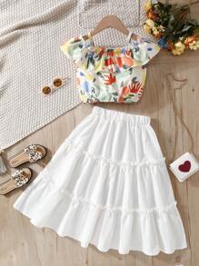 Tween Girls' Plant Printed Ruffle Hem Cami Top & White Skirt Set, Elegant And  Retro Style For Spring/Summer - White - View 2