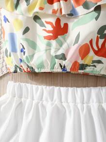 Tween Girls' Plant Printed Ruffle Hem Cami Top & White Skirt Set, Elegant And  Retro Style For Spring/Summer - White - View 4