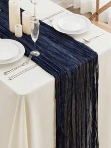 1pc Solid Color Checkered Table Runner, Bohemian Style Polyester Rectangular Tablecloth For Party, Wedding, Baby Shower Decor - Navy Blue - View 4