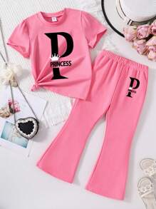 Young Girls' Letter Pattern Short Sleeve T-Shirt And Bell-Bottomed Trousers - Pink - View 1