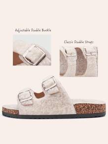 Women's Open Toe Slippers Fuzzy Cork Slide Sandals Fluffy Slides With Arch Support House Sandals - 白色 - 查看 2