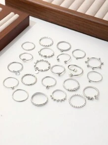 Set Di 22 Anelli Alla Moda, Eleganti Anelli Geometrici Decorati Con Perle Di Plastica E Strass, Perfetti Per L'uso Quotidiano Delle Donne