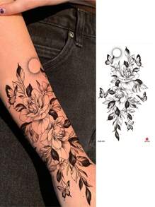 1 张黑白玫瑰和月亮图案临时纹身贴纸，适合儿童、节日派对使用