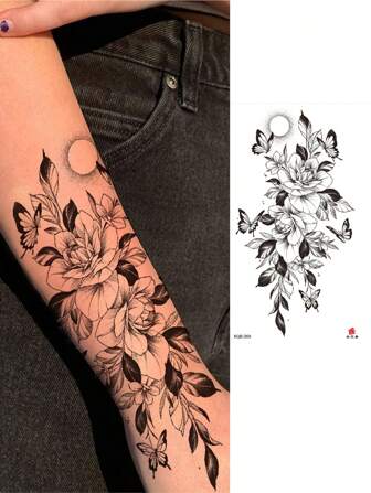 1 张黑白玫瑰和月亮图案临时纹身贴纸，适合儿童、节日派对使用