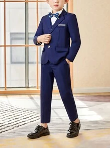 3pcs/Set Young Boy New Fashion Wedding Suit - Blazer Jacket, Pants, Bow Tie - Navy Blue - View 4