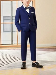 3pcs/Set Young Boy New Fashion Wedding Suit - Blazer Jacket, Pants, Bow Tie - Navy Blue - View 1