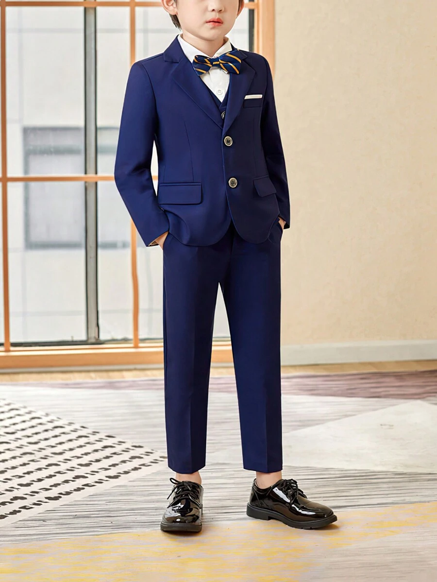 3pcs/Set Young Boy New Fashion Wedding Suit - Blazer Jacket, Pants, Bow Tie - Navy Blue - View 1