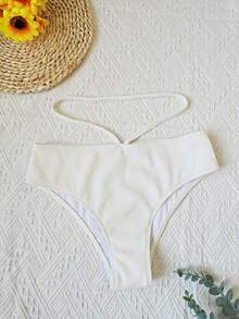 Ensemble Bikini côtelé pour femmes, maillot de bain Bandeau, nouveau Style, taille haute, ensemble deux pièces, plage, été, 2024 - Blanc - Voir 7