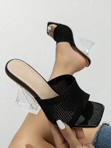 方頭透明高跟拖鞋,女款夏季高跟涼鞋 - 黑色 - 查看 3