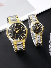 2pcs Fashionable Couple'S Round Alloy Dial Watch Set (For Men & Women) As A Gift For Students Returning To School