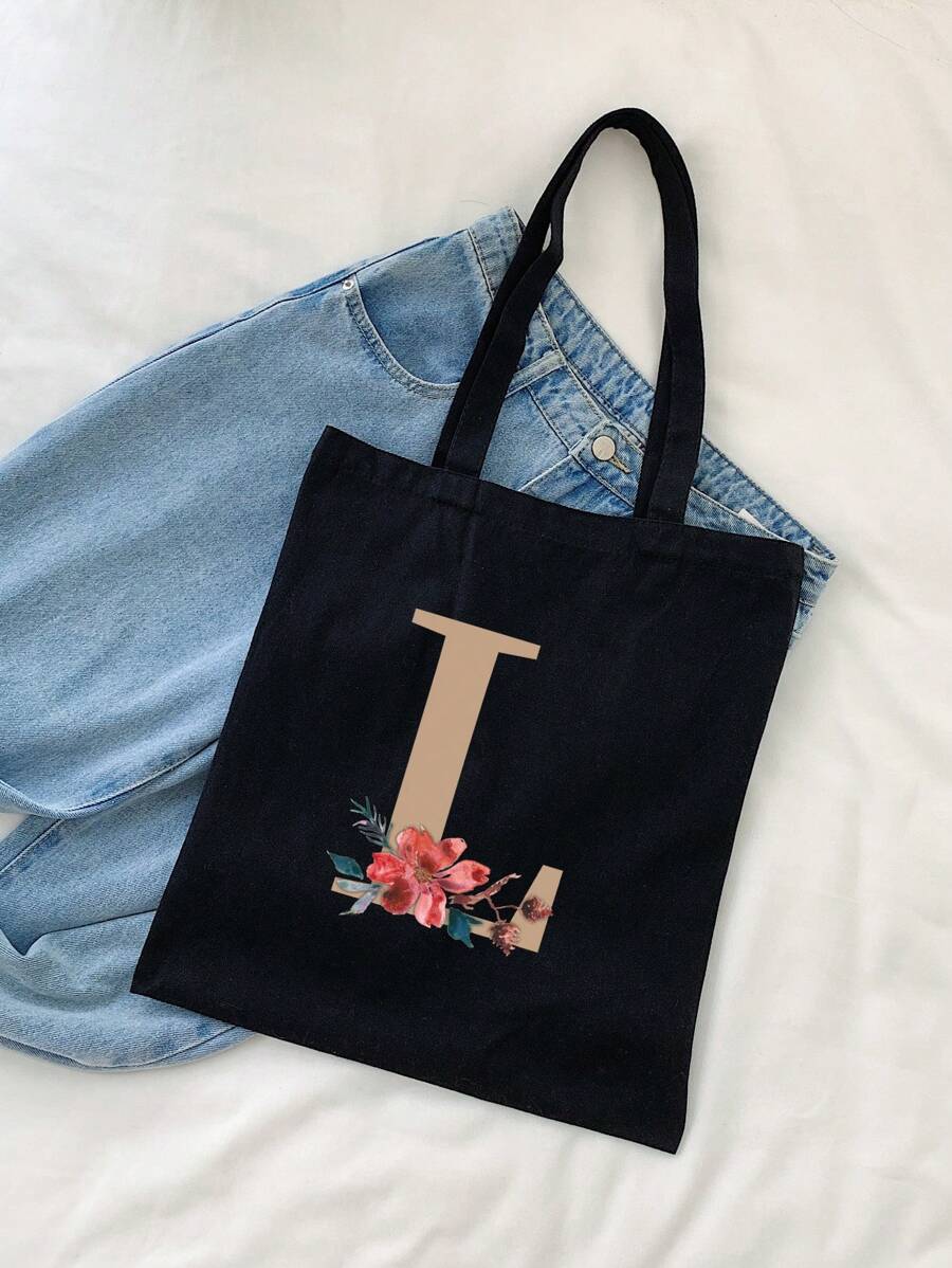 1 Túi tote vải canvas thời trang màu đen có chữ L và họa tiết hoa dành cho nữ, Túi xách mua sắm di động ngoài trời, Túi tote tối giản, thường ngày, dung tích lớn dành cho bé gái, dành cho phụ nữ, dành cho sinh viên đại học, Túi quà tặng, Mua sắm, Kỳ nghỉ, Bãi biển - màu đen - Xem 1