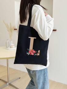 1 Túi tote vải canvas thời trang màu đen có chữ L và họa tiết hoa dành cho nữ, Túi xách mua sắm di động ngoài trời, Túi tote tối giản, thường ngày, dung tích lớn dành cho bé gái, dành cho phụ nữ, dành cho sinh viên đại học, Túi quà tặng, Mua sắm, Kỳ nghỉ, Bãi biển - màu đen - Xem 3