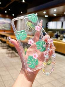 With Phone Charm A Japanese And Korean Fresh And Simple Romantic Flower Leaf Air Bag Air Pressure Creative Anti-Fall Mobile Phone Case Plus Colorful Flower Lanyard Wristband Compatible With IPhone Mobile Phone Girls Mobile Phone Protective Cover - Pink - View 1