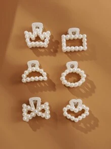 6个几何造型仿珍珠迷你爪形发夹，优雅时尚仿珍珠抓夹，刘海发夹，情人节发饰，发卡，发夹，发爪夹，学生用品，大学用品，珍珠发饰，秋冬季度假装扮爪夹，女士情人节礼物，夏季海滩装扮 - 白色 - 查看 6
