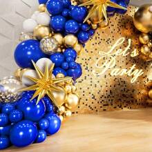 133 pezzi di palloncini, in lattice da 5/10/12/18 pollici di colore oro, blu e bianco, palloncini con coriandoli dorati, palloncini a forma di stella dorata, ghirlanda ad arco, perfetti per decorare feste di compleanno e anniversari, con nastro ad arco, colla e nastro, Natale