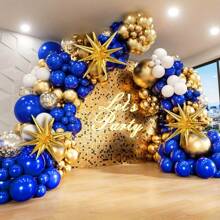 133 pezzi di palloncini, in lattice da 5/10/12/18 pollici di colore oro, blu e bianco, palloncini con coriandoli dorati, palloncini a forma di stella dorata, ghirlanda ad arco, perfetti per decorare feste di compleanno e anniversari, con nastro ad arco, colla e nastro, Natale