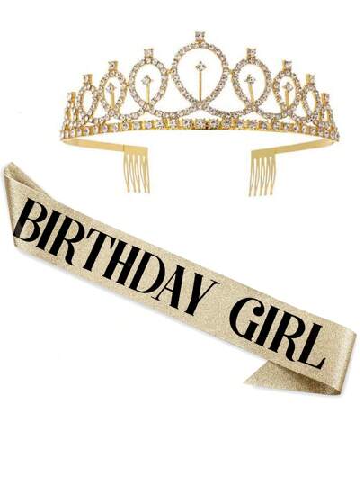 2pcs Rhinestone Decor Birthday Party Crown & Sash Set, Modern Party Crown & Sash Set For Home,Christmas