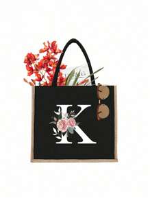 1入字母印花黑色手提包,黃色亞麻邊緣設計簡單大方,情人節禮物,為女性伴娘的個性化婚禮禮品袋,化妝包,旅行簡易收納袋,大容量旅行化妝包:非常適合戶外美容！適合婚禮、生日、沙灘和假期,是女性、母親、教師、朋友和伴娘的絕佳禮物。大包適合學生、返校和教師。它是一個輕便的休閒收納手提包,一個多功能購物袋,一個新設計,大容量,是理想的購物選擇。手提包、午餐袋,適合男女、情侶、日常使用、約會、生日、假期和返校,夏季、度假、海灘、旅行、上下班、商務、學生、野餐、露營、超市、日常收納 - 黑色 - 查看 19