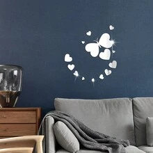 14pcs Butterfly & Heart Shaped Acrylic Mirror Wall Stickers, Living Room Background Decoration, Creative Wall Decals For Hallway - Silver - View 3