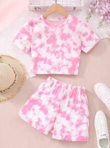 Tween Girl Tie-Dye Round Neck Short Sleeve Top And Shorts Set