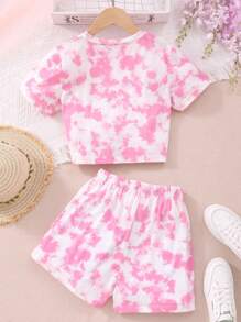 Tween Girl Tie-Dye Round Neck Short Sleeve Top And Shorts Set