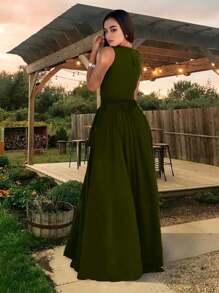 Elegant Long Sleeveless Wrap Dress, Thigh Opening For Women, With Belt. - 軍綠色 - 查看 1