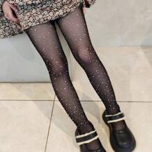 1pair European And American Style Big Kid Sparkling Rhinestone Fishnet Socks, Fashion Diamond Band Hollow Out Colorful Children's Stockings