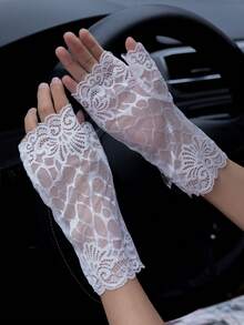 1 đôi Mùa xuân/Mùa hè Của phụ nữ Ren Găng tay , Gợi cảm Ngắn Ren Găng tay cụt ngón Với Hoa Cạnh , Chống nắng Đối với - găng tay nửa ngón - Xem 2