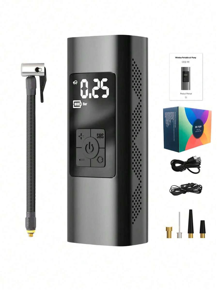 Có thể mang đi 6000mAh Type-C Giao diện Điện lực Bơm hơi Ô tô , Không dây Màn hình kỹ thuật số Lốp xe Máy bơm hơi có đèn LED Và Sos Cứu hộ Đèn Đối với ô tô - màu đen - Xem 1