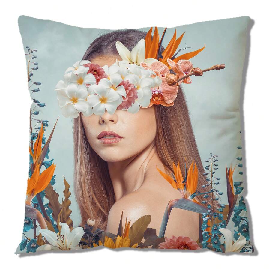 1 件聚酯纖維 45*45 公分/17.7*17.7 吋花卉美麗圖案數位印花裝飾枕套適合客廳、臥室、沙發。隱形拉鍊,方形,不含枕芯