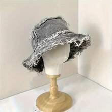 1pc Unisex Distressed Denim Washed Bucket Hat With Frayed Edge, Casual Wide Brim Solid Color Bucket Hat For Streetwear, Sun Protection, Cycling And Bohemian Style