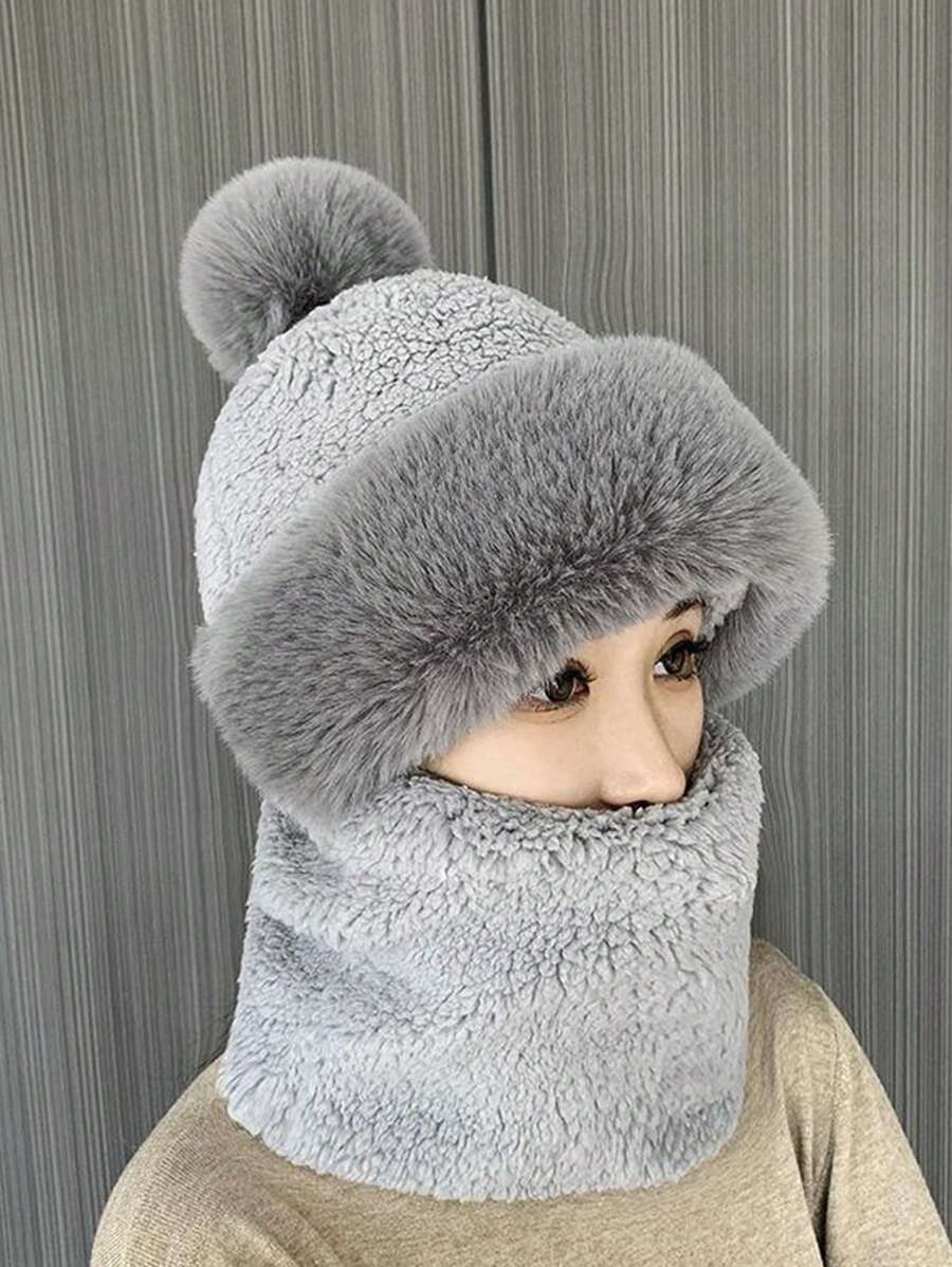 冬季護頸護耳毛絨帽搭配顆粒保暖戶外騎行帽百搭純色帽高彈運動帽 - 灰色 - 查看 1