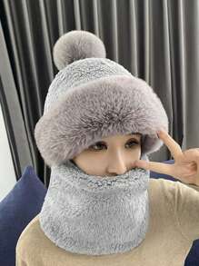 冬季護頸護耳毛絨帽搭配顆粒保暖戶外騎行帽百搭純色帽高彈運動帽 - 灰色 - 查看 3