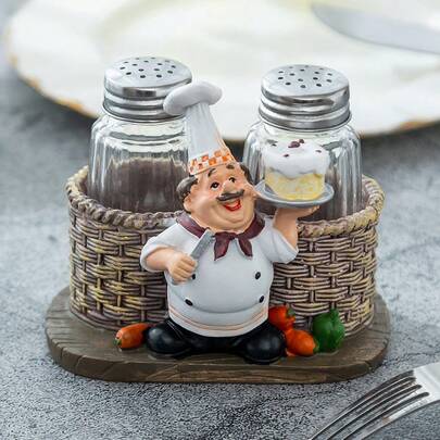 1pc Resin Chef Figurine With Salt & Pepper Shaker Holder, Creative Restaurant Kitchen Table Decoration