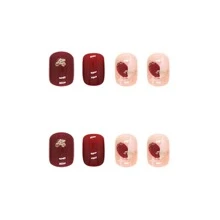 24入組jelly紅色棋盤貼片美甲假指甲,配有閃粉裝飾,適用於女性外出及結婚準備,包含1 件jelly膠水和1件修甲條 - 彩色 - 查看 10