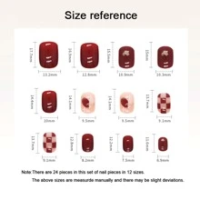 24入組jelly紅色棋盤貼片美甲假指甲,配有閃粉裝飾,適用於女性外出及結婚準備,包含1 件jelly膠水和1件修甲條 - 彩色 - 查看 7