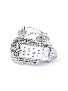 Unisex Rhinestone Studded Western Style Belt, Suitable For Women Jeans Fall, Autumn, Halloween - Black and White - View 13