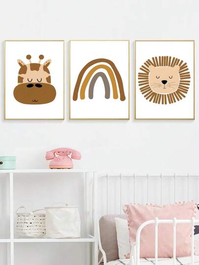 3幅波西米亚风狮子动物彩虹海报帆布墙画，适合房间装饰 - 色彩鲜艳，设计活泼，生日/毕业礼物